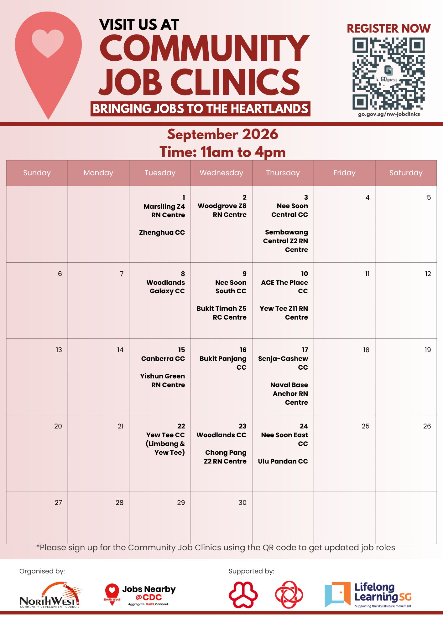 Community Job Clinics calendar for the month of September 2026